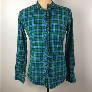J. Crew Plaid Tartan Ruffle Front Button Up